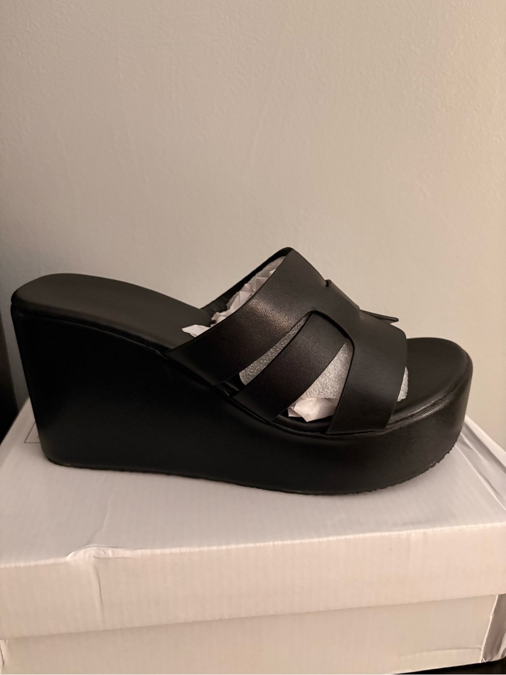 Women's Black Platform Wedge Slide - Sleek Crossover Straps